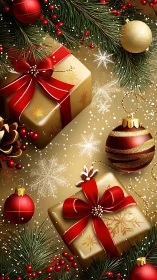 Gold gift boxes with red bows and classic baubles.
