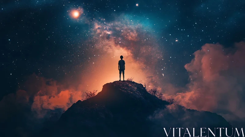 Stargazer on a glowing peak under a swirling cosmic sky.