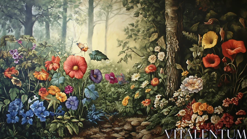 Dense woodland path bordered by varied blooming flowers.