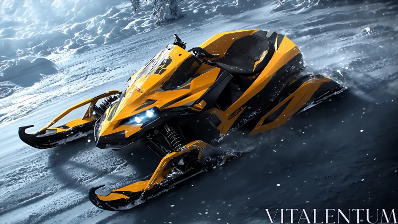 High-speed yellow snowmobile carving icy mountain trail.