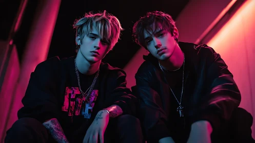 Neon city night with two moody friends in bold color glow.