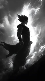 Monochrome warrior silhouette stands amid explosive storm light
