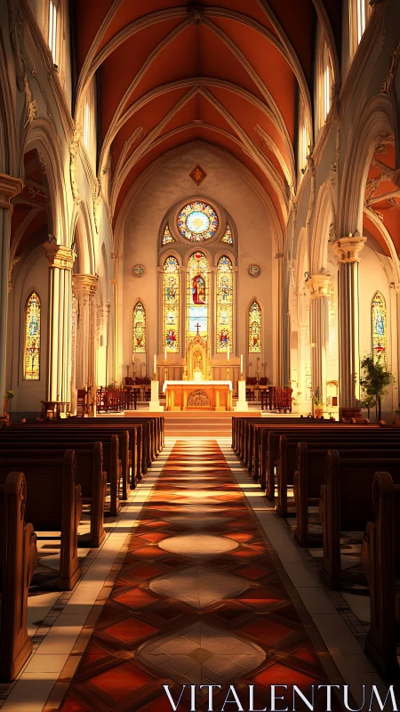 Gothic nave perspective with stained glass irradiance mapping.