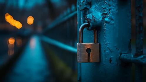 Metal padlock on blue gate with blurred night pathway.