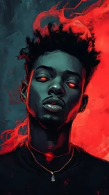 Stylized portrait with red glow and dual-tone background.