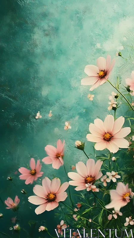 Pink cosmos flowers bloom against weathered turquoise backdrop.