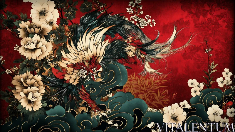 Mythic phoenix surges through peonies on crimson brocade