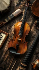 Luthier-crafted violin amid mixed acoustic instruments set.