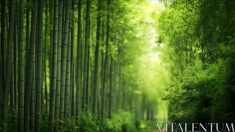 Tranquil Bamboo Forest Pathway in Soft Natural Light Photography.