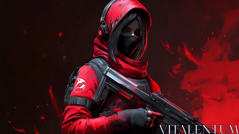 Hooded cyber sniper stands in crimson smoke and shadowed fire