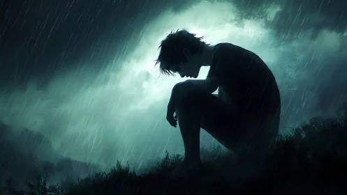 Silhouetted figure in rain rendered as moody digital painting