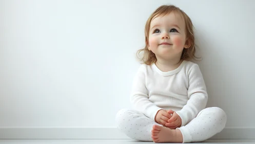 Toddler seated against white wall wearing cream knit apparel with contemplative gaze upward.