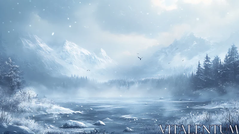 Snowy alpine lake under misty peaks and drifting snowflakes.