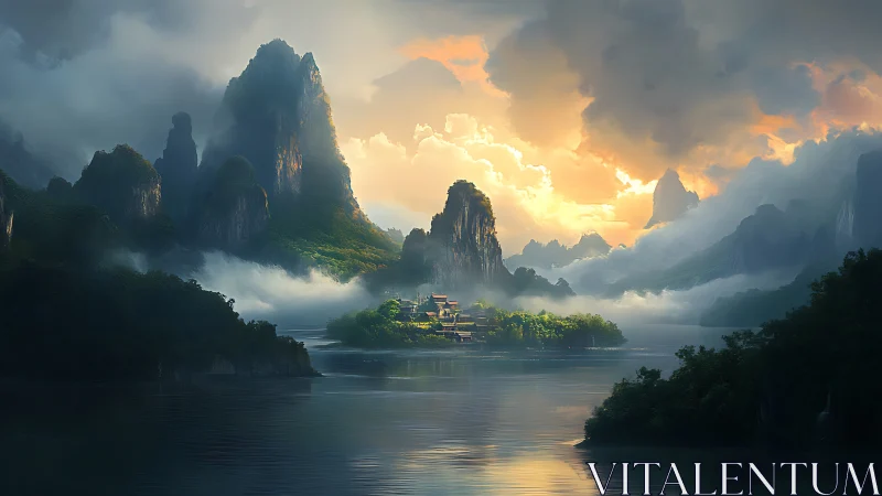 Ethereal Valley: Karst Peaks Emerge Through Golden Dawn Luminescence