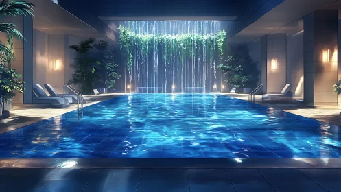Luminous indoor infinity pool with cascading water curtain.