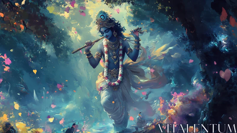 Moonlit flute dancer in a storm of enchanted petals.