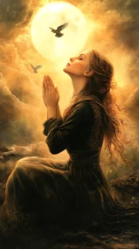 Golden prayer under a glowing moon welcomes quiet hope