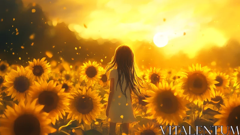 Sunlit girl in a glowing sunflower field at golden sunset