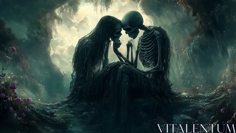 Surreal skeletal lovers entwined in moss within twilight grotto.