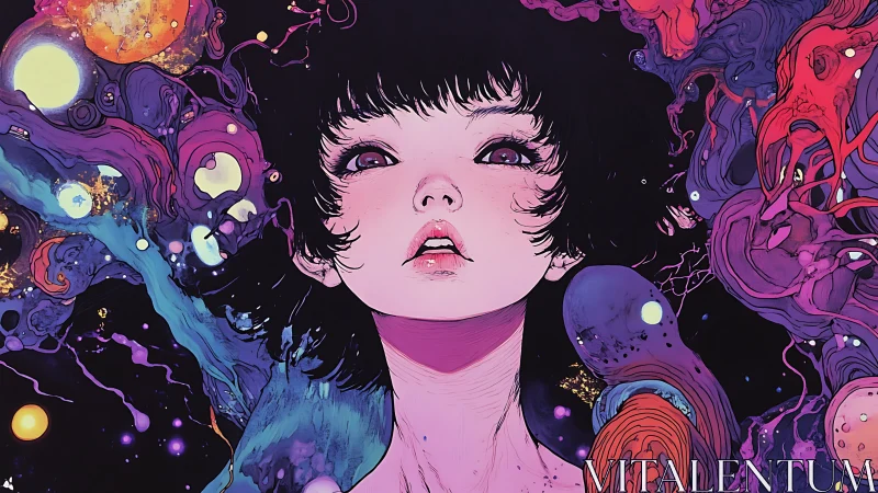 Cosmic dreamer surrounded by swirling nebula visions.