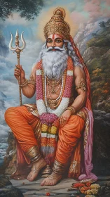 Iconic ascetic figure with trident in hyper-detailed regalia.