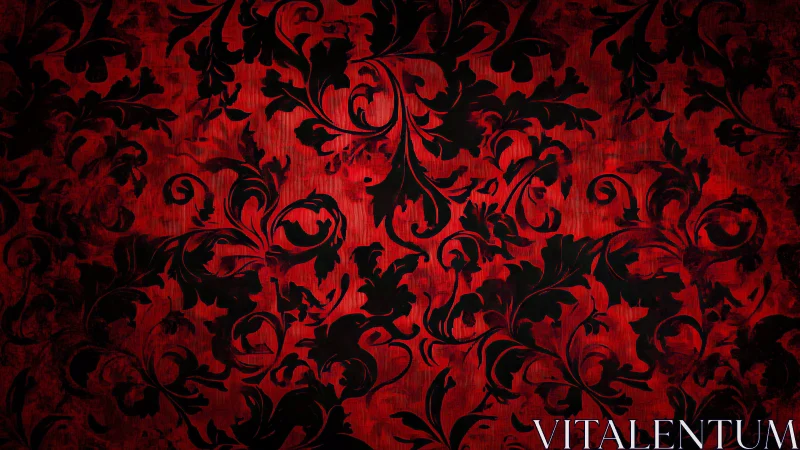 Crimson baroque floral pattern over textured grunge field.