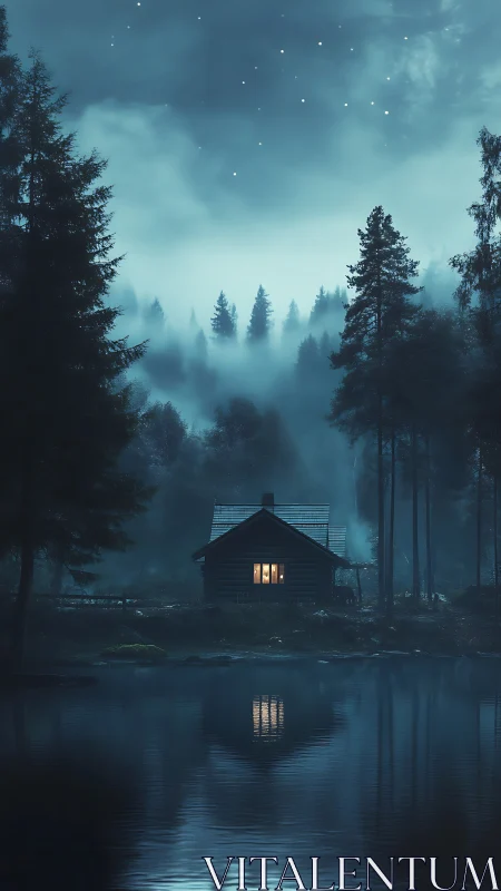 Lakeside timber cabin under misted conifer forest night sky