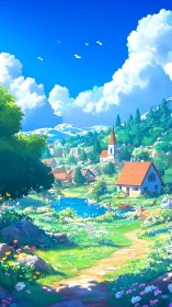 Sunny riverside village blooms under towering spring clouds