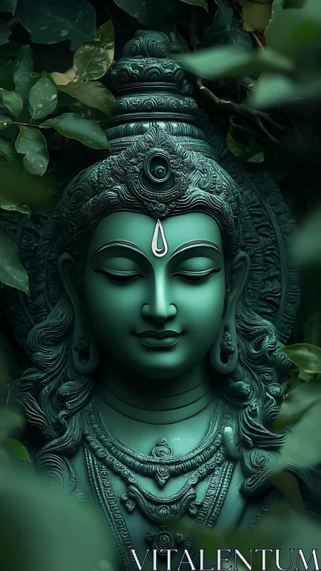 Emerald deity sculpture rests amid dense verdant foliage