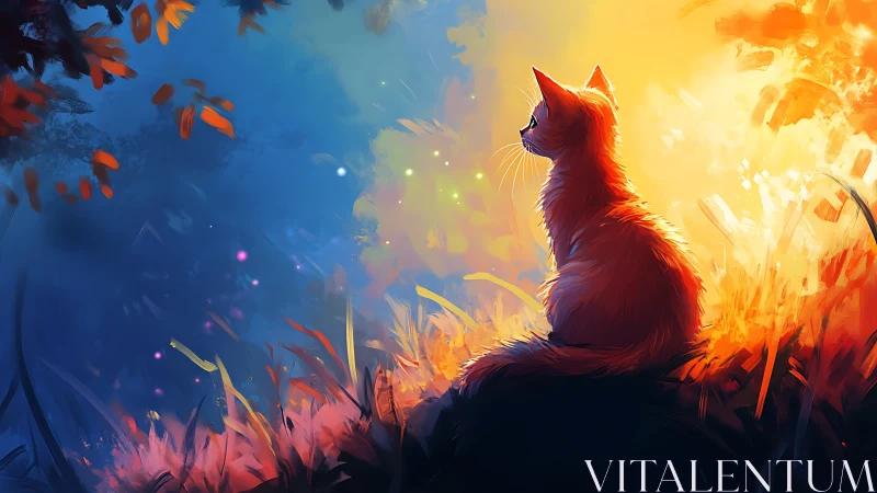 Backlit orange cat studies luminous dusk in stylized forest