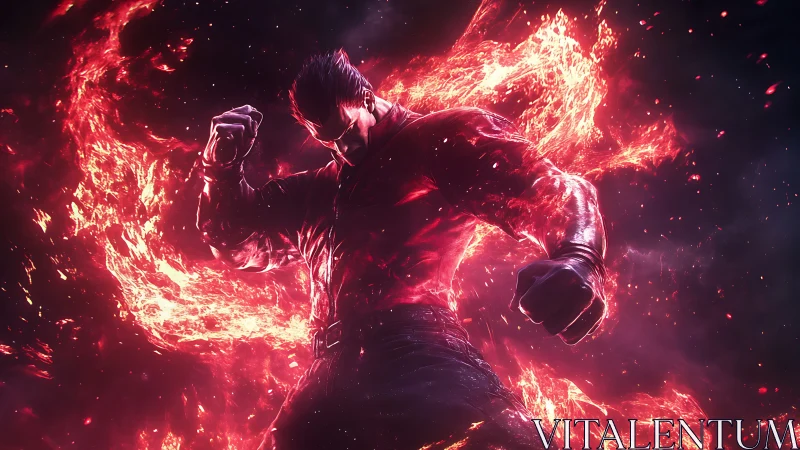 Blazing fighter rises in swirling fire and fierce energy