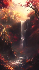 Waterfall drops through red autumn forest into winding stream