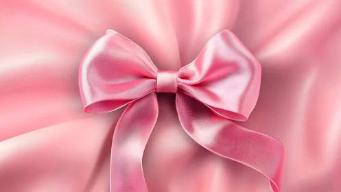 Pink satin bow with ribbons on blurred background