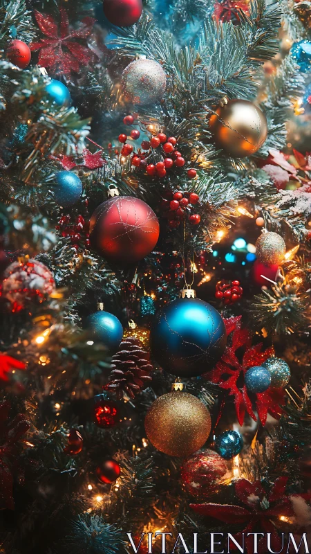 Decorated evergreen tree with multicolored baubles and lights.