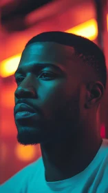 Moody male portrait in blue and orange neon light.