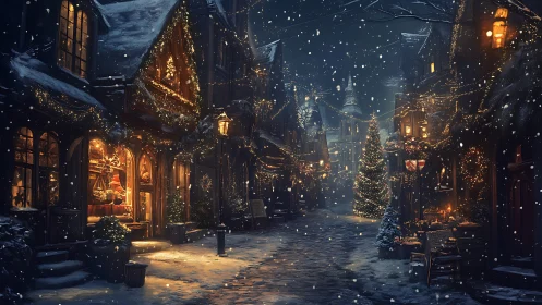 Snow-covered town street with illuminated winter decorations.
