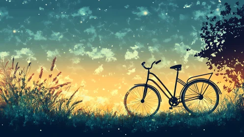 Silhouetted bicycle in ethereal meadow with dynamic sky composition and particle effects