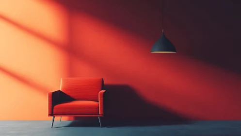 Minimalist red armchair under strong directional light.
