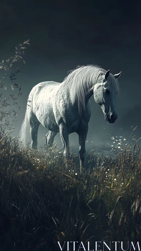 White horse standing in dense grass under dark sky.