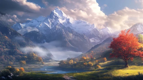 Glowing autumn tree welcomes calm beneath snowy peaks