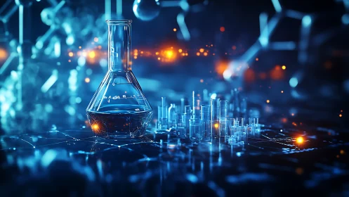 Futuristic chemistry lab flask over glowing digital network.