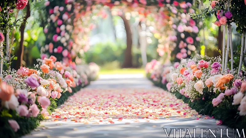 Petal-dusted garden aisle dreaming in soft pastel bloom.