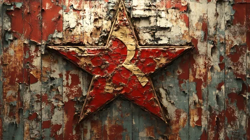 Weathered red star on peeling metal tells quiet histories.