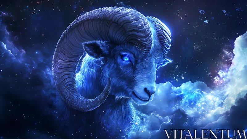 Celestial blue ram emerges from glowing cosmic nebula