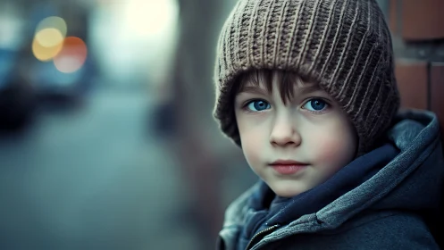 Child in Winter Outerwear with Blue Eyes Against Urban Blurred Background