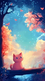 Crimson Feline Dreams Under Blossom-Laden Skies