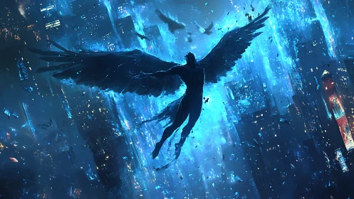 Winged dark figure soaring above neon blue cyber city.