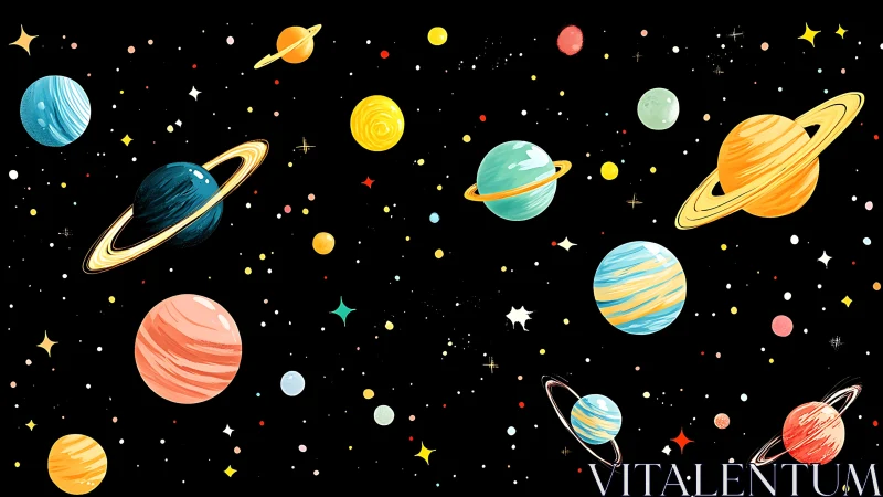 Colorful stylized planets orbit across dense starfield space