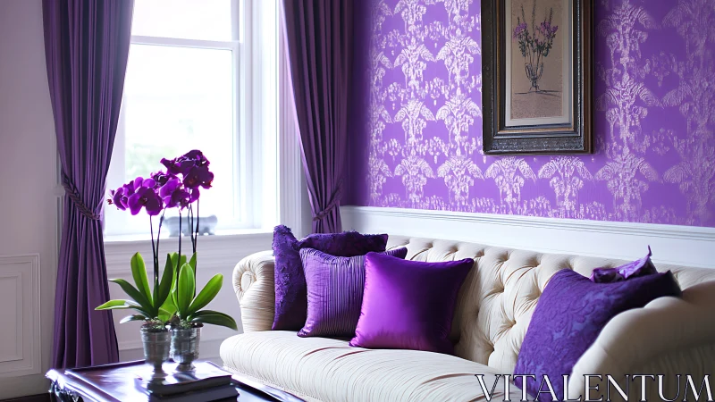 Purple living room interior pairs tufted sofa with orchids