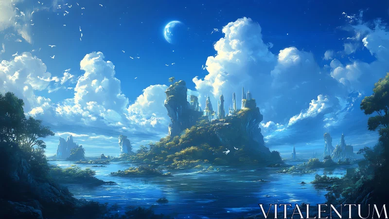 Floating Citadels Over Azure Waters and Luminous Sky.